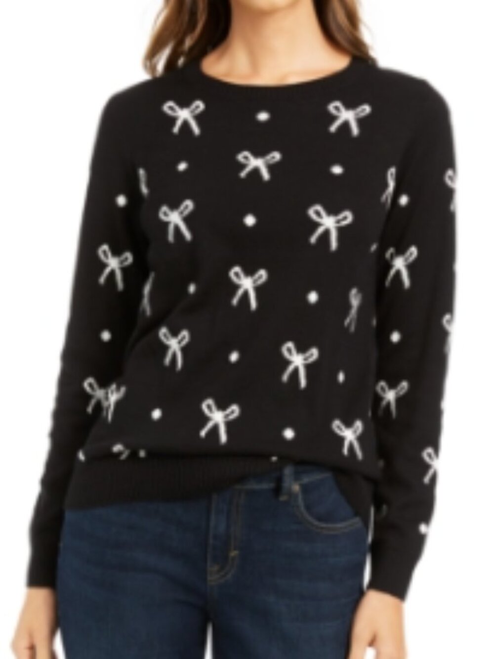 Charter Club Womens Black Rhinestone Bow Print Long Sleeve Crewneck Sweater XL